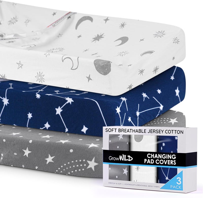 GrowWILD GROW WILD Changing Pad Cover 3 Pack | Soft & Stretchy Jersey Cotton | Baby Changing Table Pad Cover | Diaper Changing Pad Covers for Girls and Boys (Stars, Moon & Constellation) - Image 3